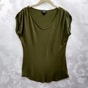 Ruched Shoulder Kimono Sleeve V-Neck Olive Top S Stretch Fairy Grunge Goblincore